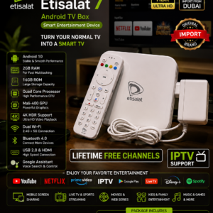 Original Etisalat Android TV Box - 2GB RAM / 16ROM (Android 7Versions)